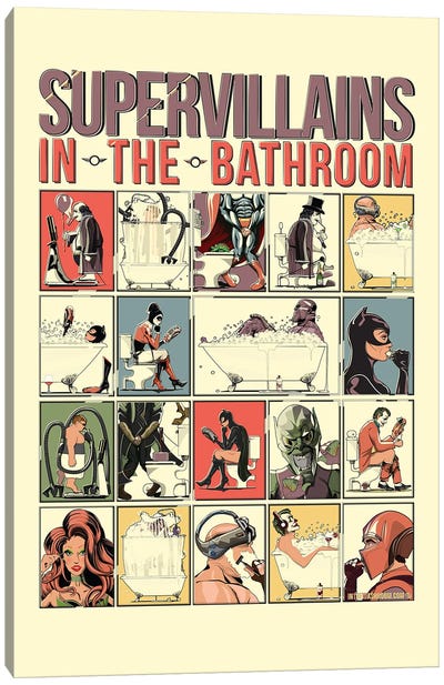 Supervillains In The Bathroom Canvas Art Print - Bathroom Humor Art