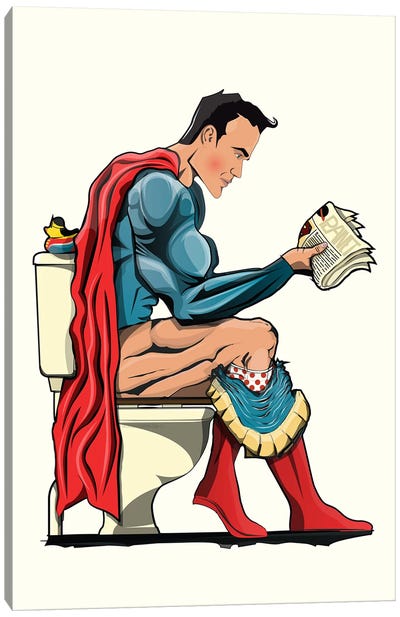 Superman On The Toilet Canvas Art Print - Comic Book Character Art
