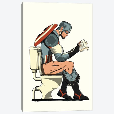 Captain America On The Toilet Canvas Print #WYD389} by WyattDesign Art Print
