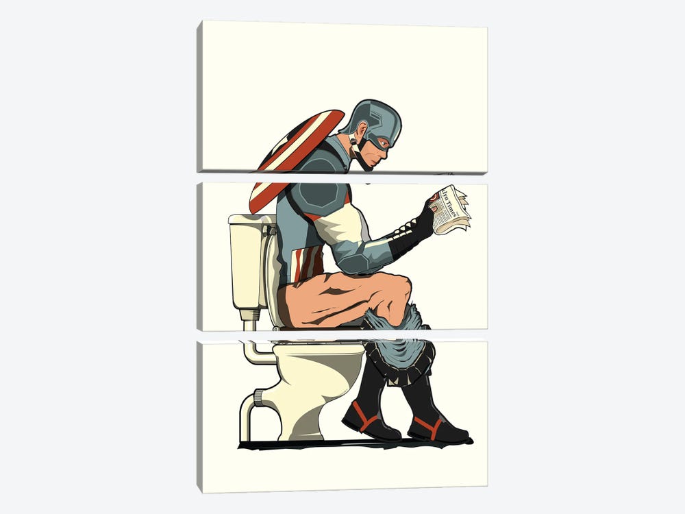 Captain America On The Toilet by WyattDesign 3-piece Canvas Print