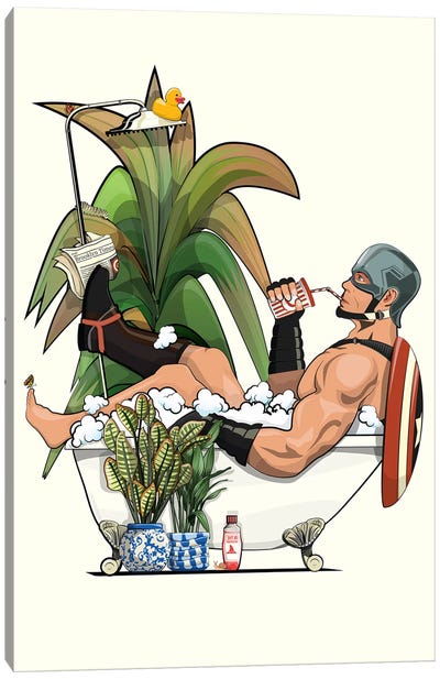 Captain American In The Bath Canvas Art Print - Crude Humor Art