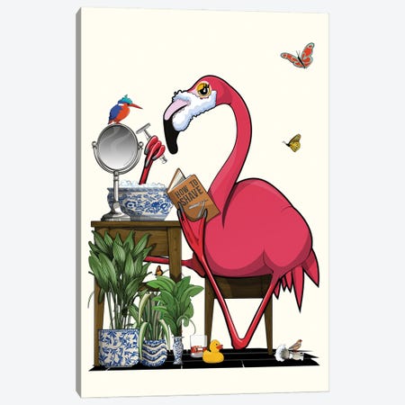Flamingo Shaving In Bathroom Canvas Print #WYD395} by WyattDesign Art Print