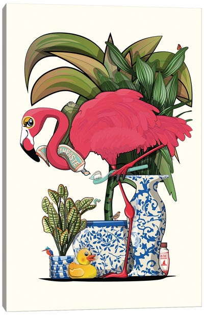 Flamingo Cleaning Their Teeth In Bathroom Canvas Art Print - WyattDesign