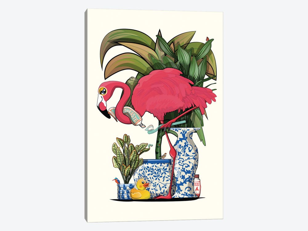Flamingo Cleaning Their Teeth In Bathroom by WyattDesign 1-piece Art Print