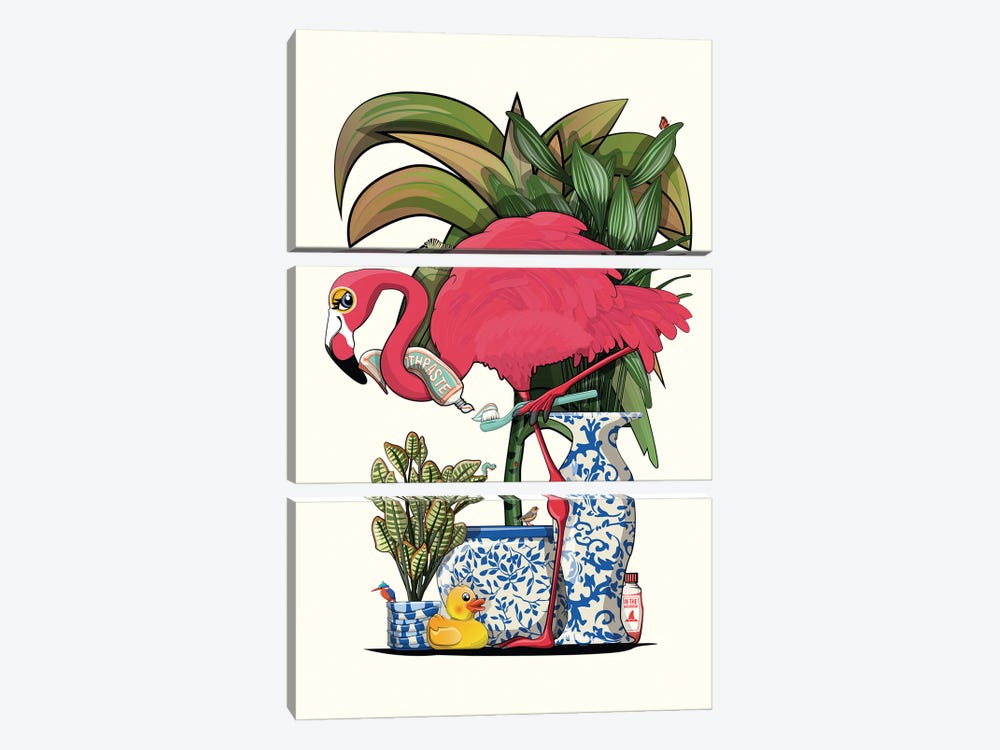 Flamingo Cleaning Their Teeth In Bathroom by WyattDesign 3-piece Canvas Print
