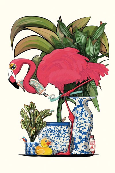 Flamingos: Flamingo Cleaning Their Teeth In Bathroom by WyattDesign