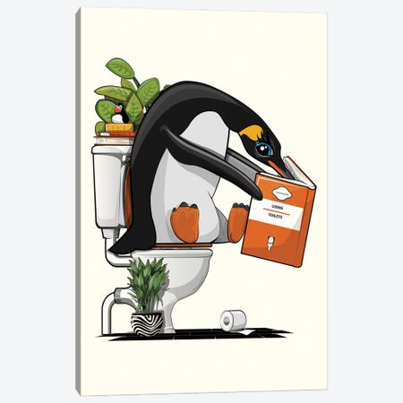 Penguin On The Toilet In The Bathroom Canvas Print #WYD399} by WyattDesign Canvas Art
