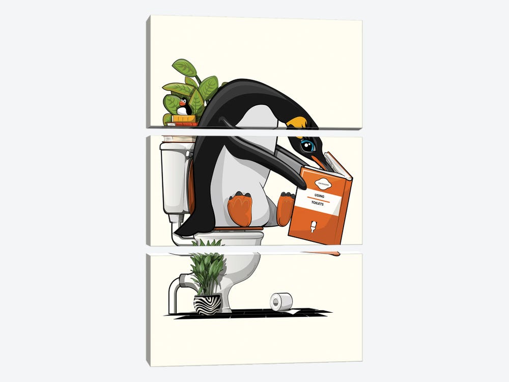 Penguin On The Toilet In The Bathroom by WyattDesign 3-piece Canvas Wall Art