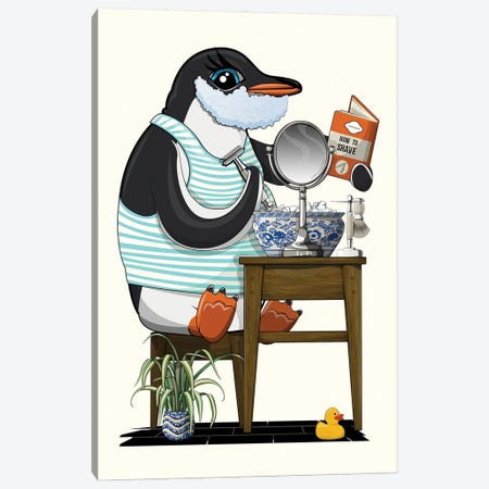 Penguin Shaving In The Bathroom Canvas Print #WYD400} by WyattDesign Canvas Wall Art