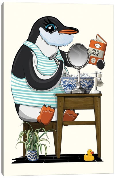 Penguin Shaving In The Bathroom Canvas Art Print - WyattDesign