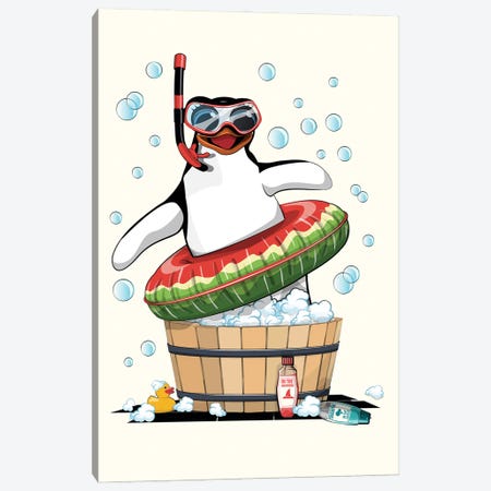 Penguin In Bubble Bath In The Bathroom Canvas Print #WYD401} by WyattDesign Canvas Wall Art
