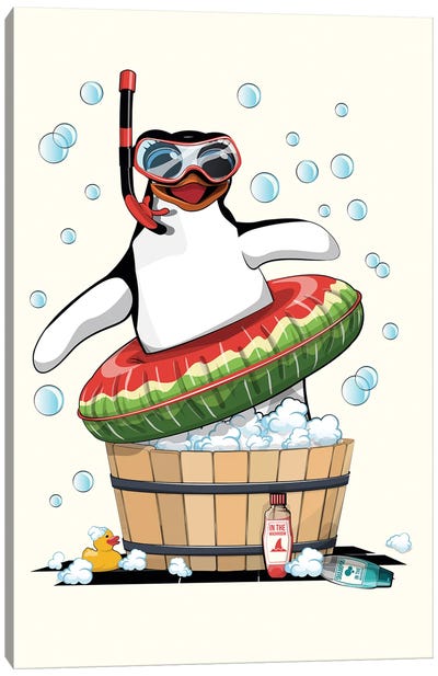 Penguin In Bubble Bath In The Bathroom Canvas Art Print - WyattDesign