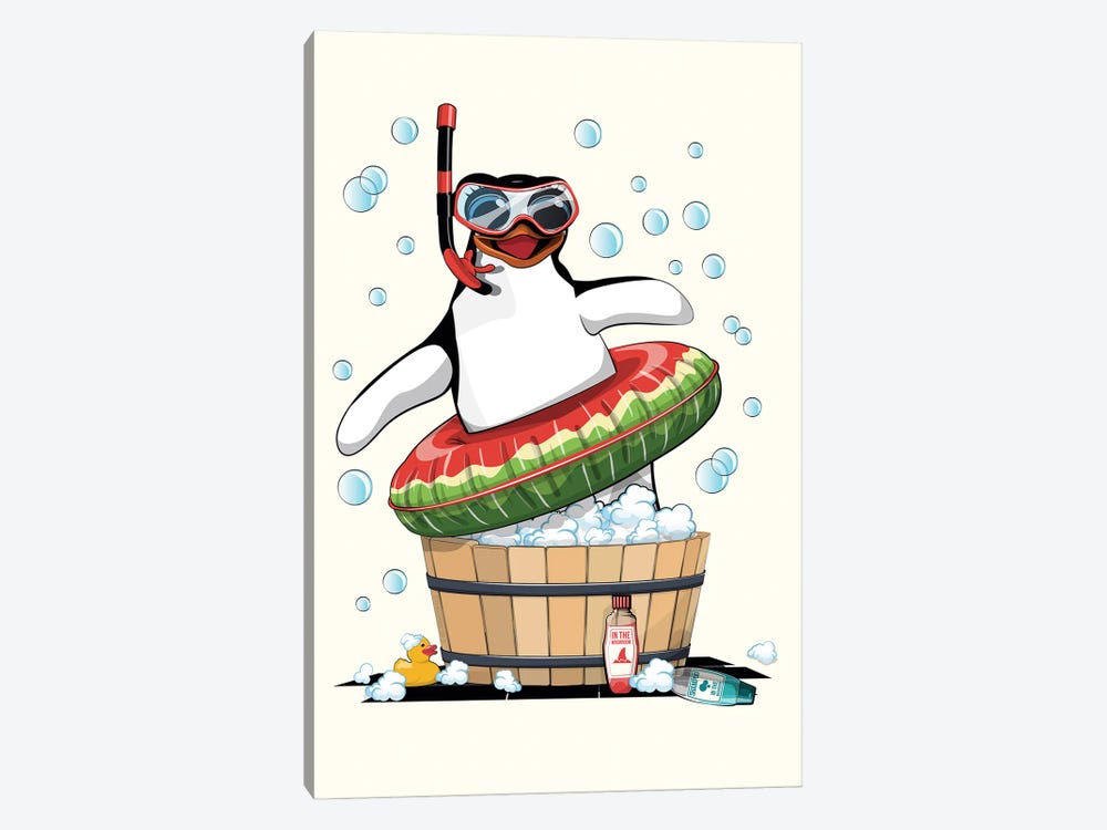 Penguin In Bubble Bath In The Bathroom by WyattDesign 1-piece Canvas Art