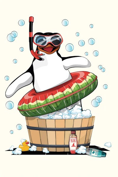 Penguins: Penguin In Bubble Bath In The Bathroom by WyattDesign
