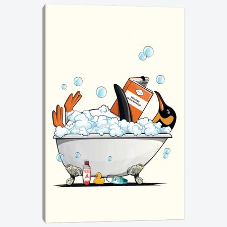 Penguin In The Bathtub Canvas Print #WYD402} by WyattDesign Canvas Wall Art