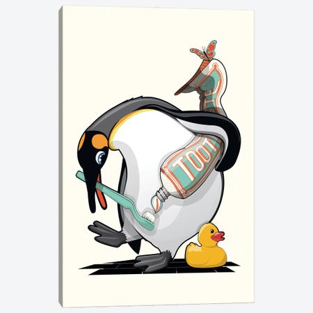 Penguin Cleaning Teeth In The Bathroom Canvas Print #WYD403} by WyattDesign Canvas Wall Art