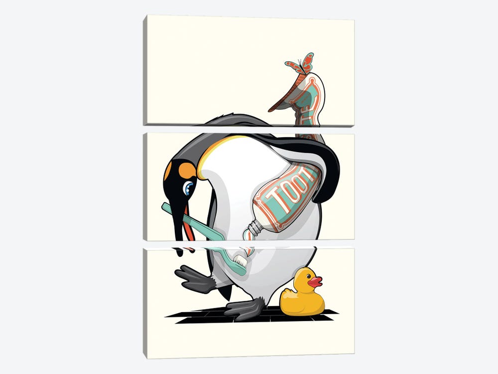 Penguin Cleaning Teeth In The Bathroom by WyattDesign 3-piece Canvas Wall Art