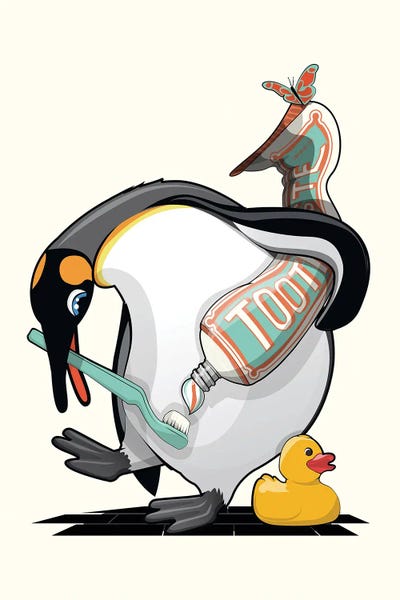 Penguins: Penguin Cleaning Teeth In The Bathroom by WyattDesign