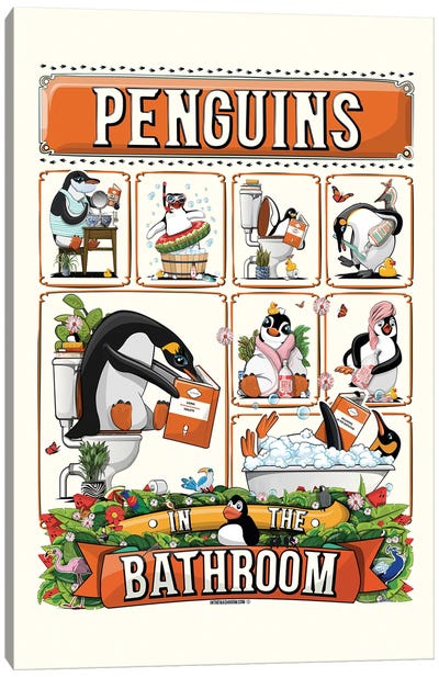 Penguins In The Bathroom Canvas Art Print - WyattDesign