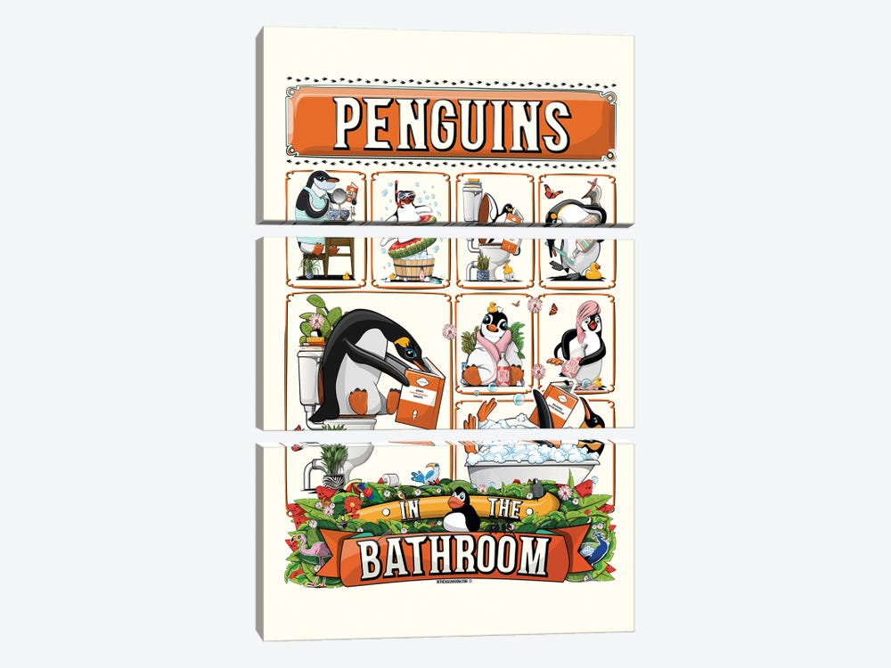 Penguins In The Bathroom by WyattDesign 3-piece Canvas Art Print
