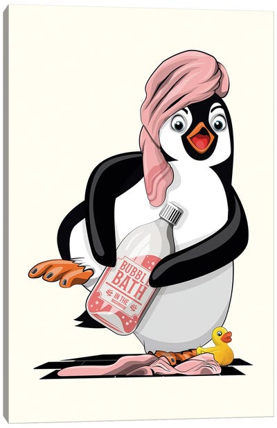 Penguin In The Bathroom Canvas Art Print - WyattDesign