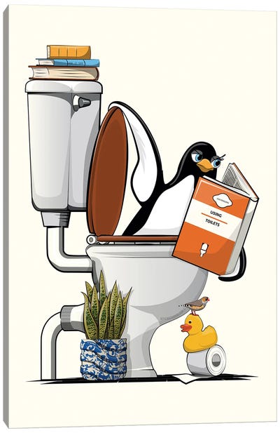 Penguin In The Toilet Canvas Art Print - Penguin Art