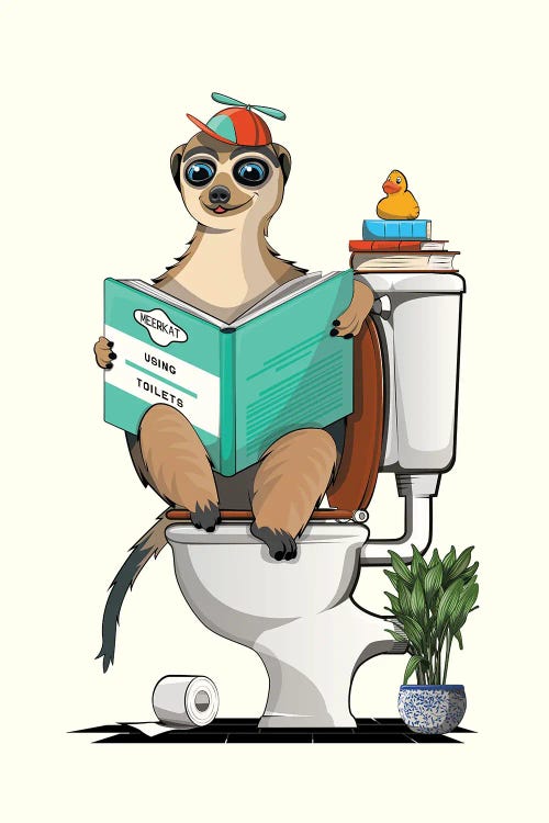 Meerkat On The Toilet In The Bathroom by WyattDesign wall art