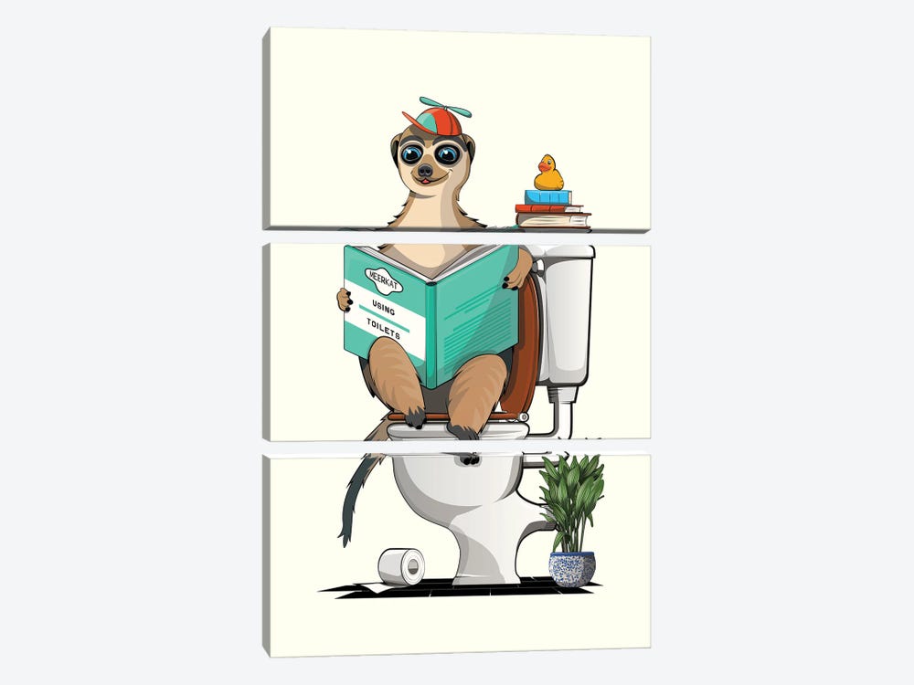 Meerkat On The Toilet In The Bathroom by WyattDesign 3-piece Canvas Art