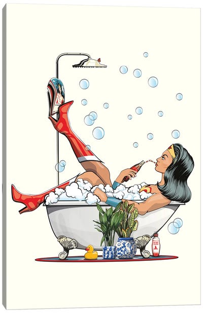 Wonder Woman In The Bath Canvas Art Print - WyattDesign