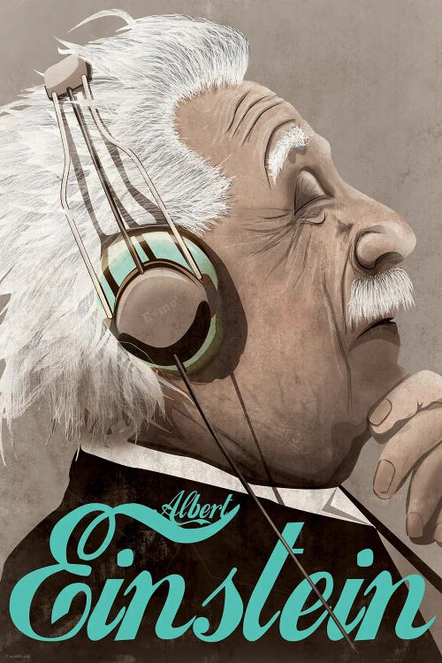 Albert Einstein Listening To Music On Headphones by WyattDesign wall art