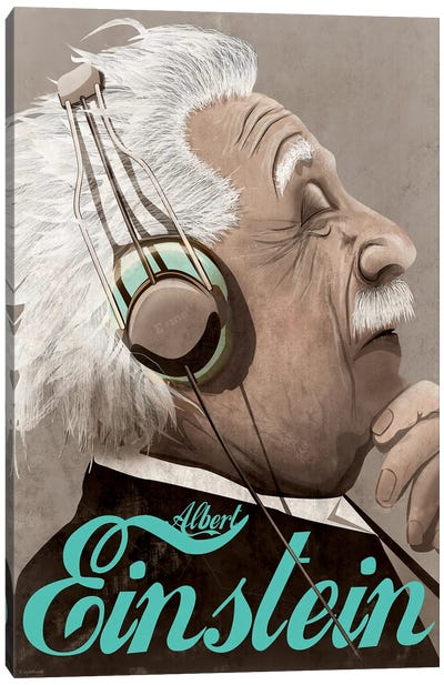 Albert Einstein Listening To Music On Headphones Canvas Art Print - Albert Einstein