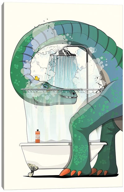 Dinosaurs Diplodocus In The Shower Bathroom Canvas Art Print - Dinosaur Art
