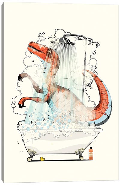 Dinosaurs Velociraptor In The Shower Canvas Art Print - Raptor Art