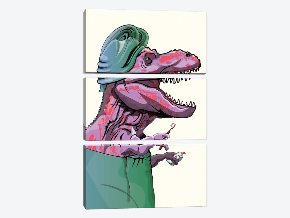 Dinosaur Tyrannosaurus Brushing Teeth by WyattDesign 3-piece Canvas Wall Art