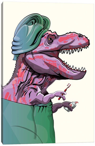 Dinosaur Tyrannosaurus Brushing Teeth Canvas Art Print - Dinosaur Art