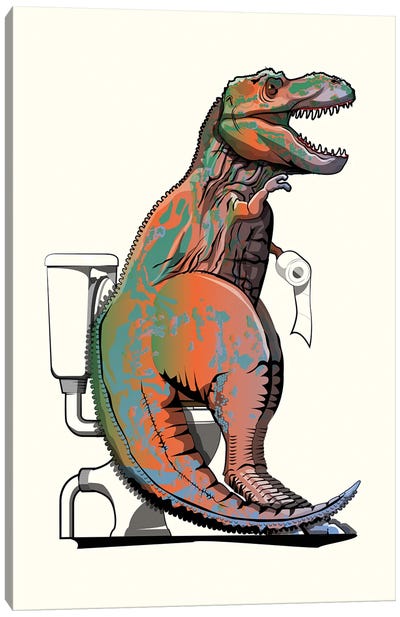 Dinosaur T-Rex On The Toilet Canvas Art Print - Prehistoric Animal Art