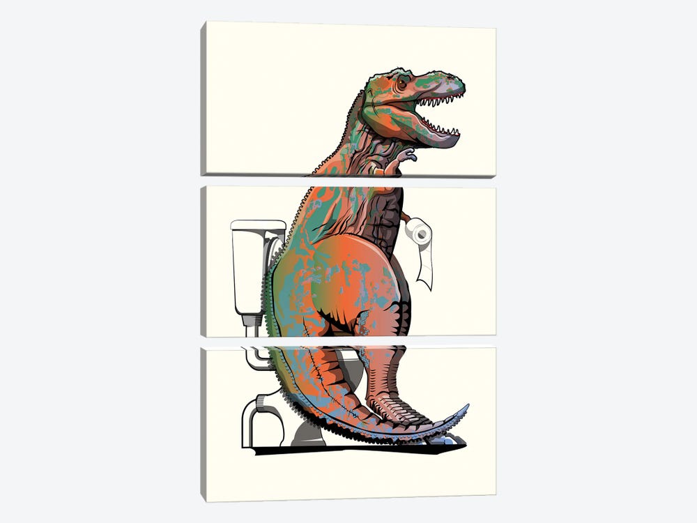 Dinosaur T-Rex On The Toilet by WyattDesign 3-piece Canvas Wall Art