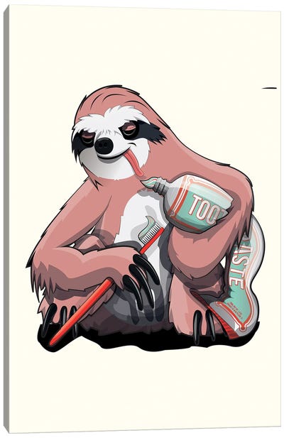 Sloth Brushing Teeth Canvas Art Print - Sloth Art