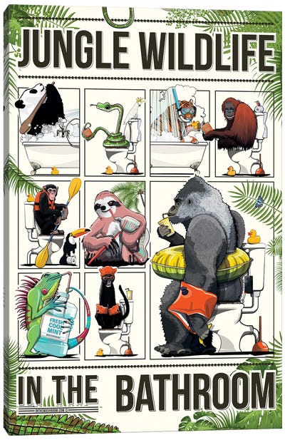 Jungle Animals In The Bathroom Canvas Art Print - Sloth Art