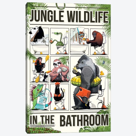 Jungle Animals In The Bathroom Canvas Print #WYD89} by WyattDesign Canvas Wall Art