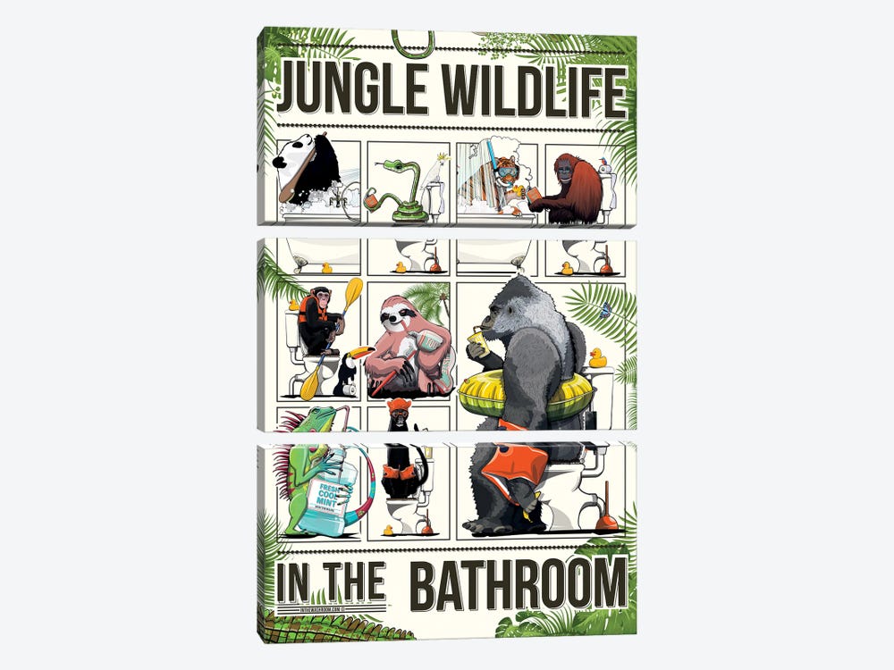 Jungle Animals In The Bathroom by WyattDesign 3-piece Canvas Art Print