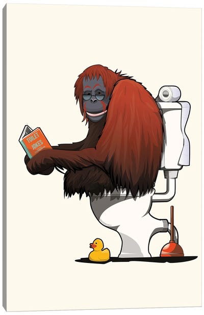 Orangutan On The Toilet Canvas Art Print - Orangutan Art