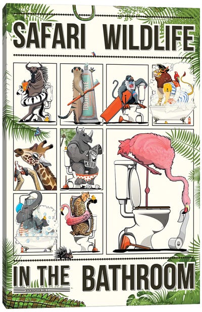 Safari Animals In The Bathroom Canvas Art Print - Crude Humor Art