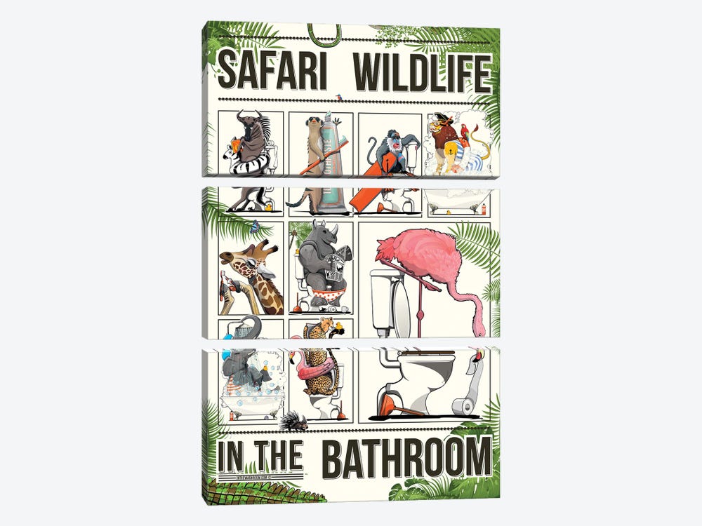 Safari Animals In The Bathroom by WyattDesign 3-piece Canvas Print