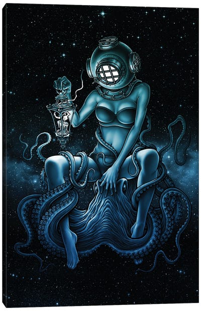 Fantasy Galaxy Walker With Creepy Octopus Canvas Art Print - Octopus Art