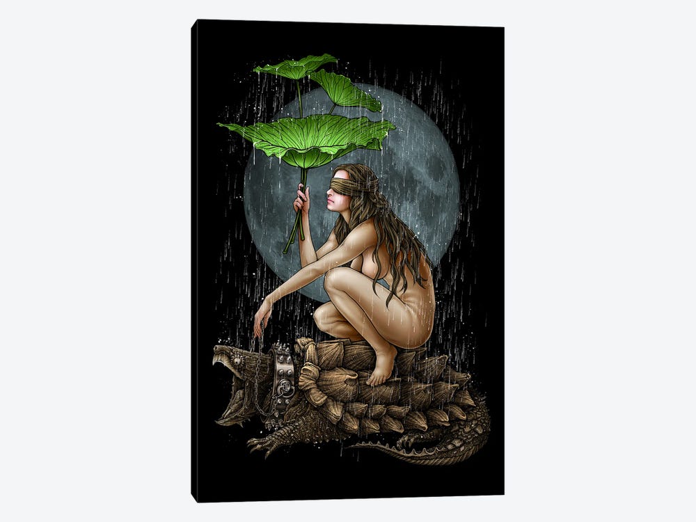 Dark Girl And Alligator Snapping Turtle by Winya Sangsorn 1-piece Art Print