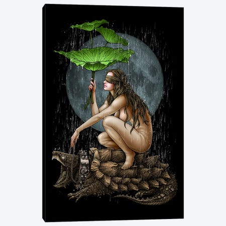 Dark Girl And Alligator Snapping Turtle Canvas Print #WYS108} by Winya Sangsorn Canvas Print