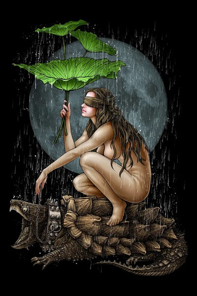 Rain: Dark Girl And Alligator Snapping Turtle by Winya Sangsorn