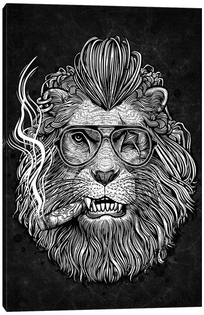 Smoking Cigar Lion Canvas Art Print - Black & White Animal Art