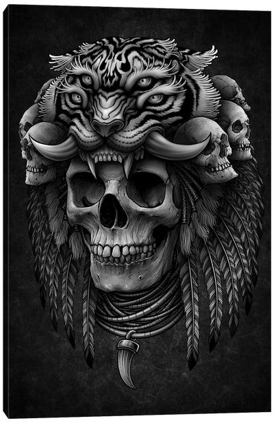 Occult Maya Skull, Tiger Headdress Canvas Art Print - Gray Art